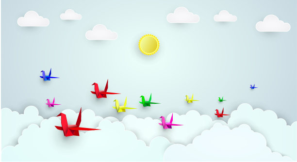 用彩纸折成的鸟在蓝天上飞翔，翱翔于云雾之中。纸艺术风格图片下载