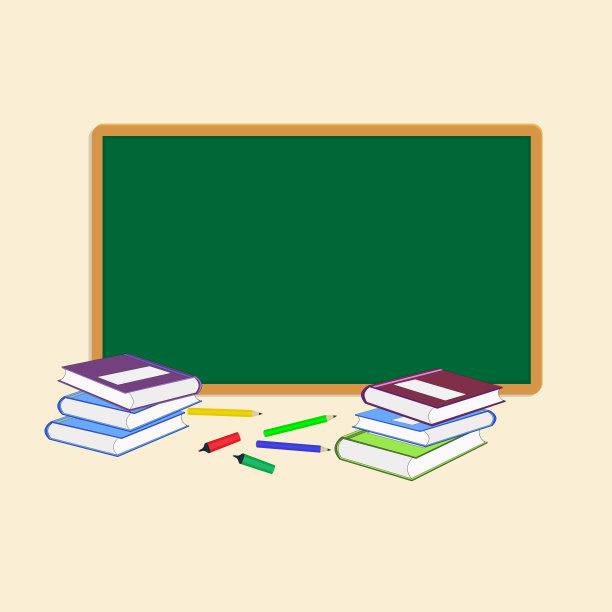 黑板，书，几支铅笔和马克笔。图片下载