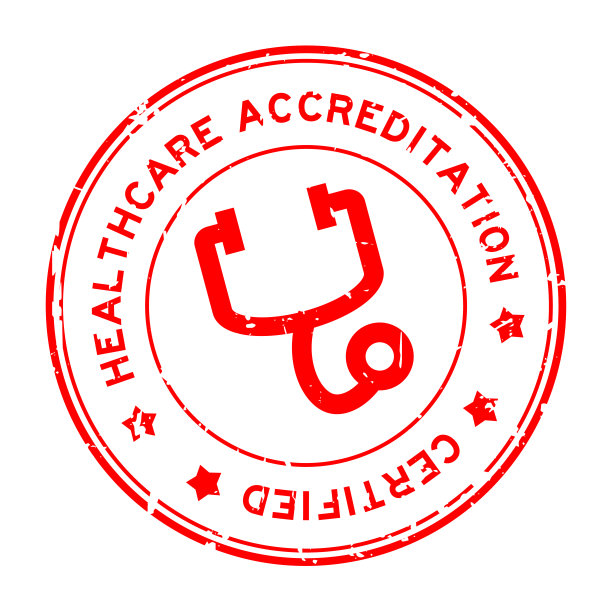 Grunge红色医疗保健认证与听诊器图标圆形橡胶印章印章上的白色背景图片下载