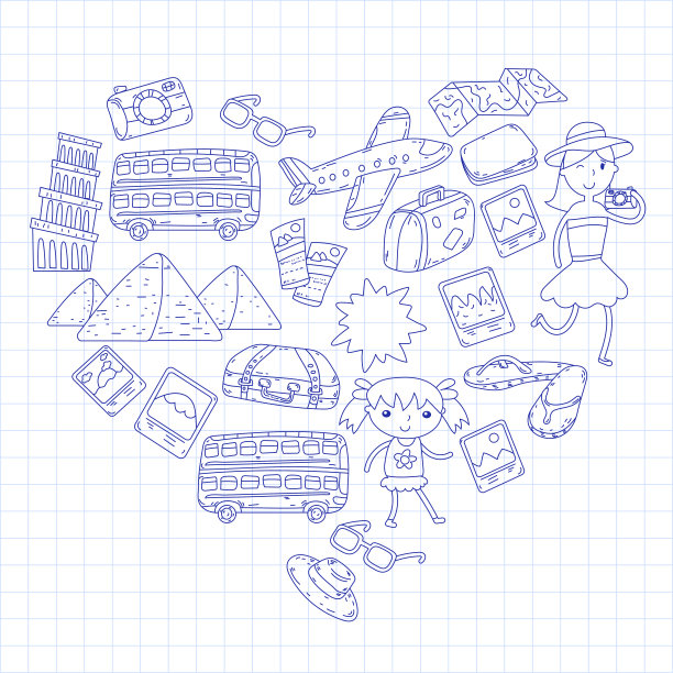 旅行，度假，冒险。带着父母的孩子在为你们的旅行做准备。幼儿园，学校，暑假孩子们画画图片下载