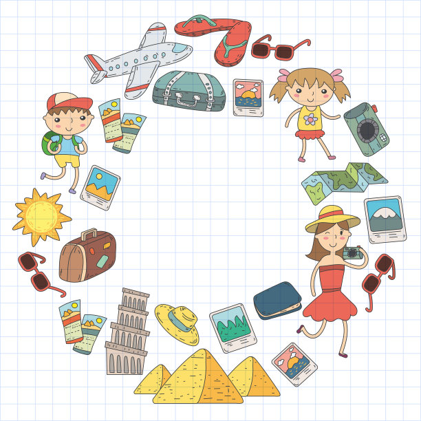 旅行，度假，冒险。带着父母的孩子在为你们的旅行做准备。幼儿园，学校，暑假孩子们画画图片下载