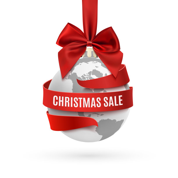 圣诞大甩卖，地球图标，红色蝴蝶结和丝带。图片下载