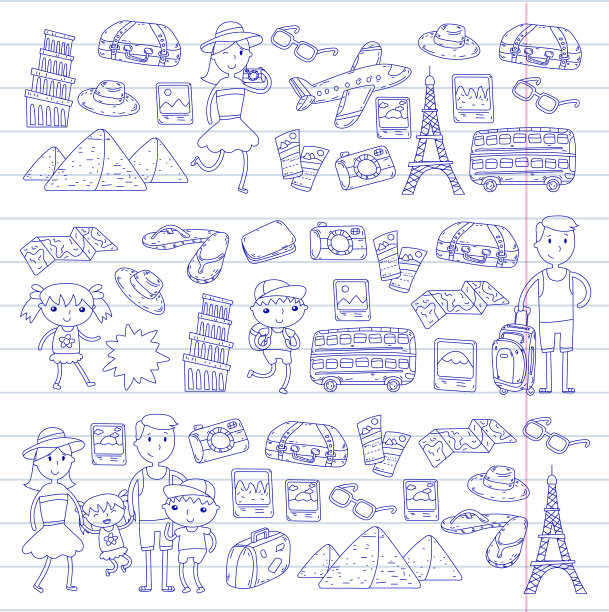 旅行，度假，冒险。带着父母的孩子在为你们的旅行做准备。幼儿园，学校，暑假孩子们画画图片下载