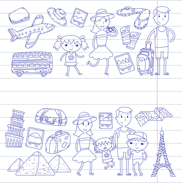 旅行，度假，冒险。带着父母的孩子在为你们的旅行做准备。幼儿园，学校，暑假孩子们画画图片下载