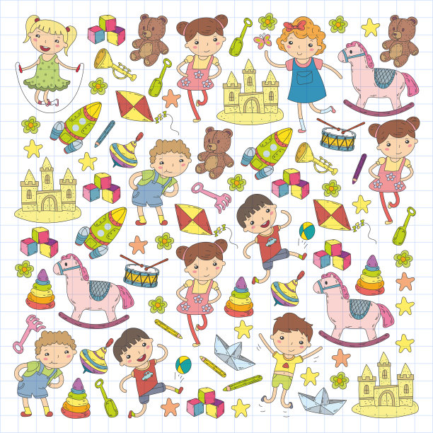 幼儿园幼儿园幼儿园教育与儿童涂鸦图案儿童玩耍和研究男孩和女孩孩子画图标空间，冒险，探索，想象概念图片下载