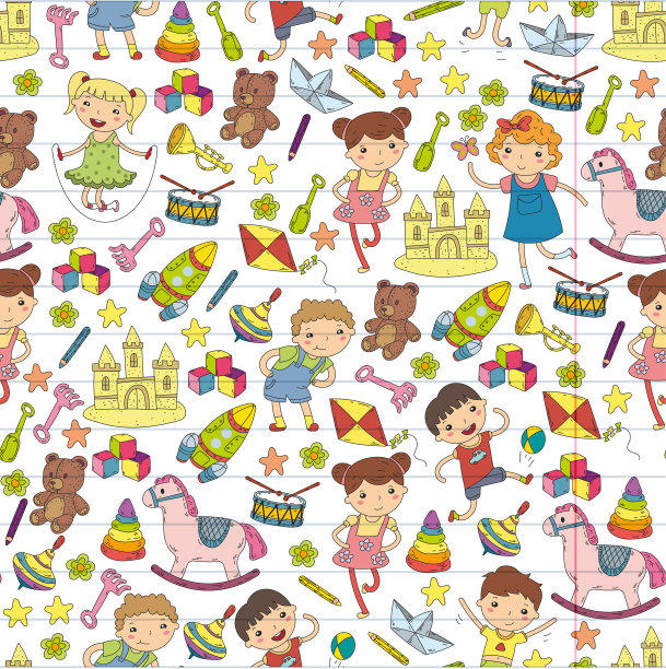 幼儿园幼儿园幼儿园教育与儿童涂鸦图案儿童玩耍和研究男孩和女孩孩子画图标空间，冒险，探索，想象概念图片下载