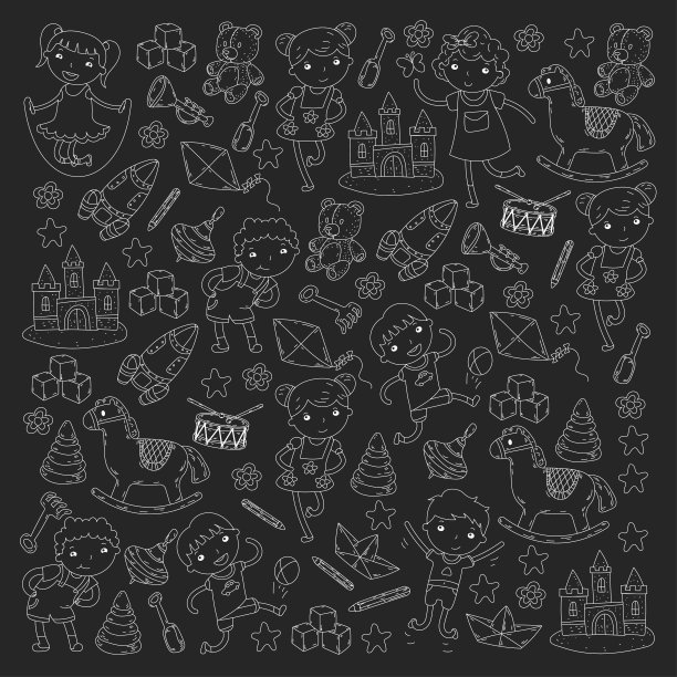 幼儿园幼儿园幼儿园教育与儿童涂鸦图案儿童玩耍和研究男孩和女孩孩子画图标空间，冒险，探索，想象概念图片下载