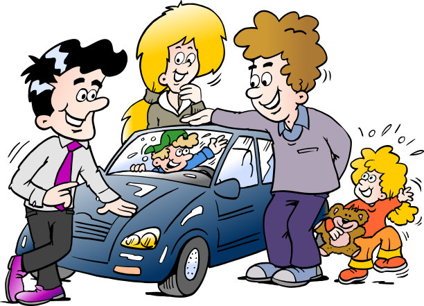 卡通矢量插图的一个家庭看一辆新汽车图片下载