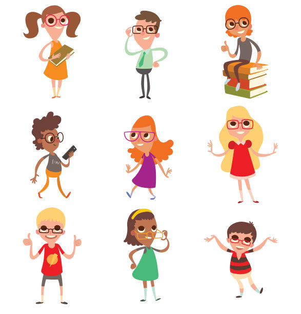 一套九个可爱的小男孩和女孩戴眼镜图片下载