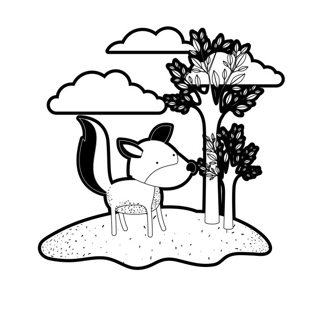 卡通中的狼在室外场景中以树和云的黑色剪影具有厚实的轮廓图片下载