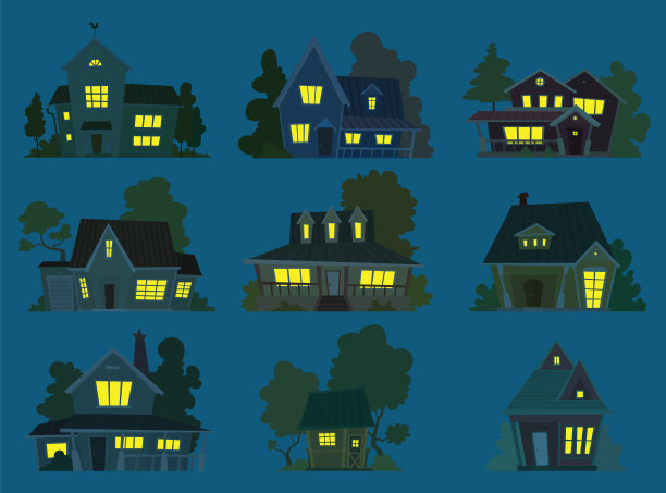 一套可爱的房子在一个深蓝色的夜晚背景图片下载