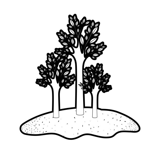 草地上的树木呈黑色的剪影，轮廓很粗图片下载