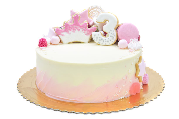粉色蛋糕为三岁生日孤立在白色图片下载
