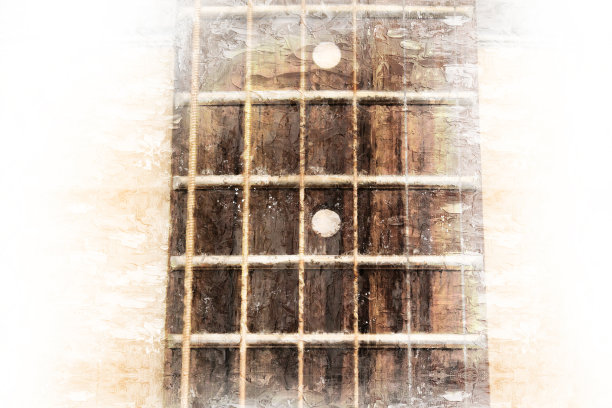 抽象美丽的吉他在前景，水彩画背景和数字插图画笔艺术。图片下载