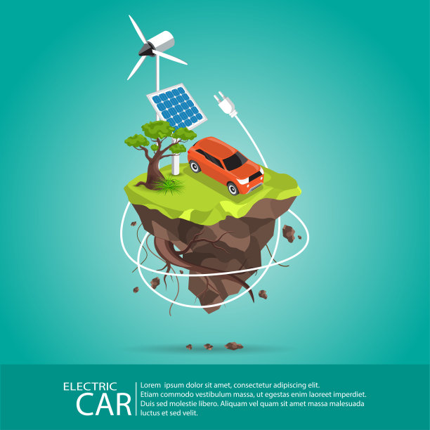 电动汽车在充电站前的太阳能电池板和风力涡轮机充电。生态绿色城市主题。图片下载