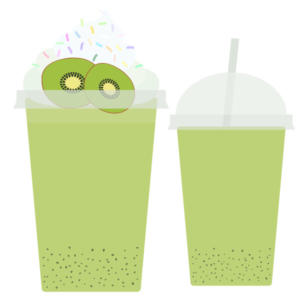 奇异果外卖奶昔透明塑料杯，吸管和鲜奶油。孤立在白色背景上。向量图片下载
