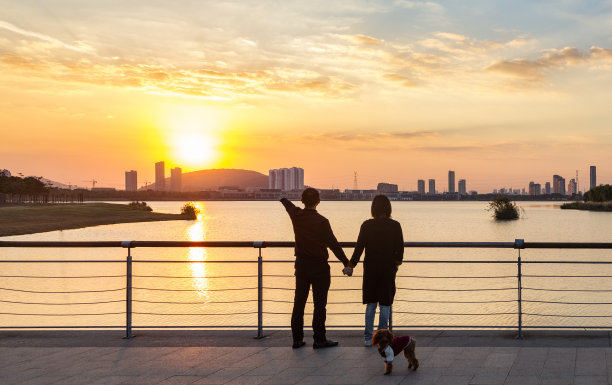 年轻夫妇带着小狗在日落时欣赏风景素材图片