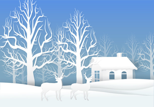 纸艺术的鹿和干树小屋，圣诞季节的背景剪纸风格图片下载