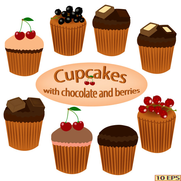 甜点。蛋糕和巧克力。浆果水果纸杯蛋糕。向量。图片下载