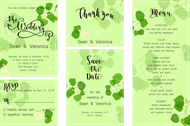 保存日期卡，婚礼邀请，贺卡与美丽的鲜花，绿色的树叶菩提树和信件图片下载