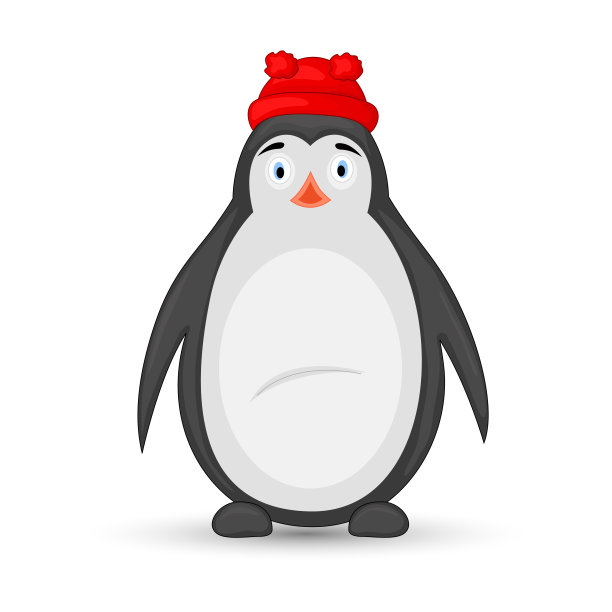 戴着帽子的极地企鹅。明信片新年和圣诞节。白色背景上的孤立物体。模板文本和祝贺。图片下载