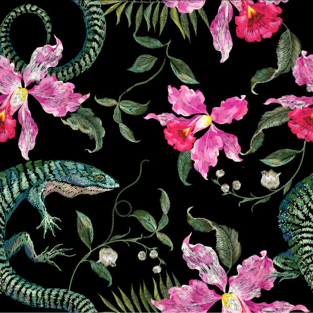 刺绣具有异国情调的花卉图案蜥蜴和热带花卉。素材图片