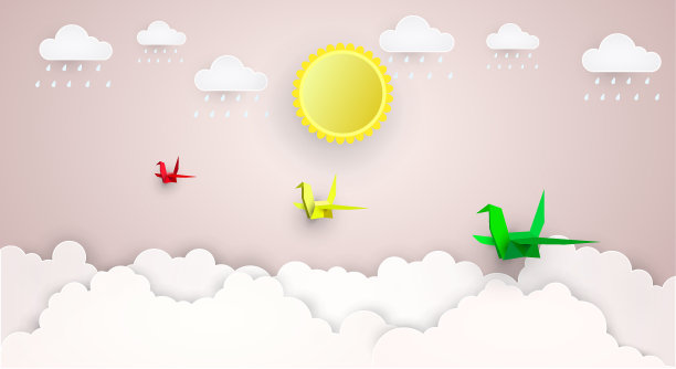 爱情和情人节的矢量插画，折纸制作的热气球飞过草地，心漂浮在天空。平面设计图片下载