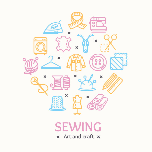 缝纫和刺绣工具颜色圆形设计模板线图标概念。向量图片下载