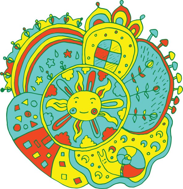 孩子画曼荼罗与太阳和自然元素-涂鸦艺术。矢量插图。图片下载