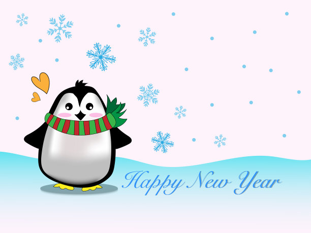 矢量和插图可爱的企鹅穿着圣诞主题布和围巾站在北极的冰山与蓝色雪花和雪花的背景，为圣诞节，冬季新年素材图片