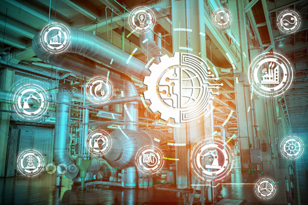 工业4.0概念形象。工业仪器在工厂用网络和物理系统图标，物联网网络，智能工厂解决方案图片下载