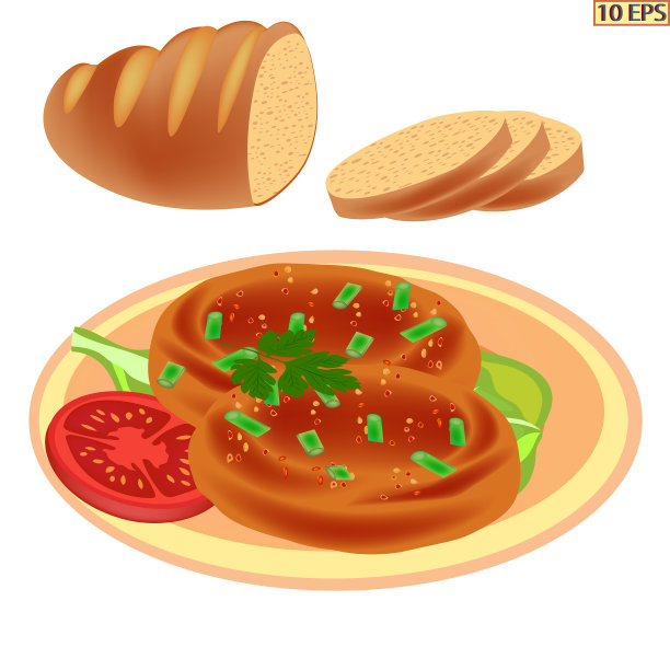 炒肉片。肉丸子。烤牛排配青菜和西红柿。炸肉排和面包。向量图片下载