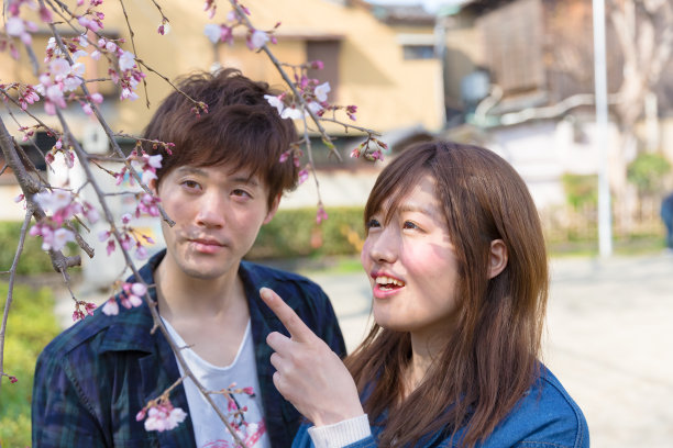 在樱花盛开的京都，一对幸福的夫妇图片下载