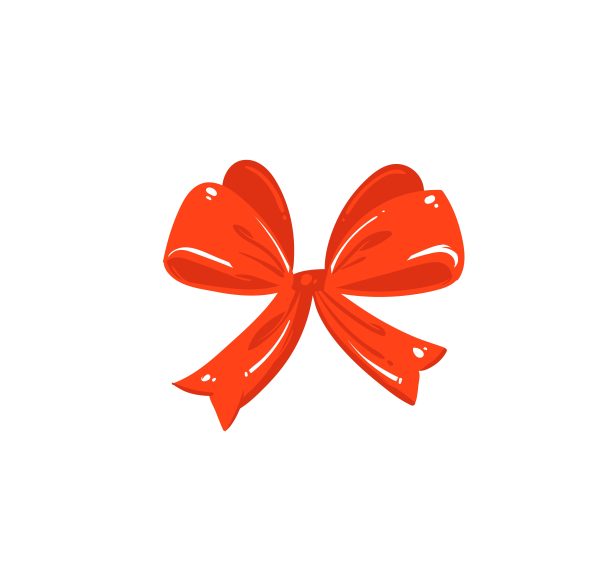 手绘矢量抽象有趣的圣诞时间卡通贺卡与可爱的红色丝绸弓孤立在白色的背景图片下载