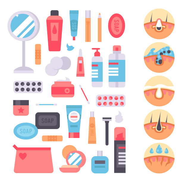 面部护理皮肤问题向量清洁人类美容青春痘皮肤病学不稳定面部瘦削护理青少年缺陷要素说明图片下载