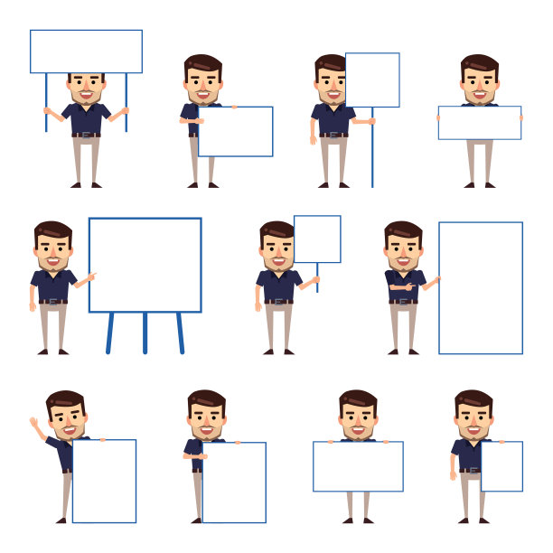 一套时尚的商人角色摆姿势与各种空白招牌图片下载