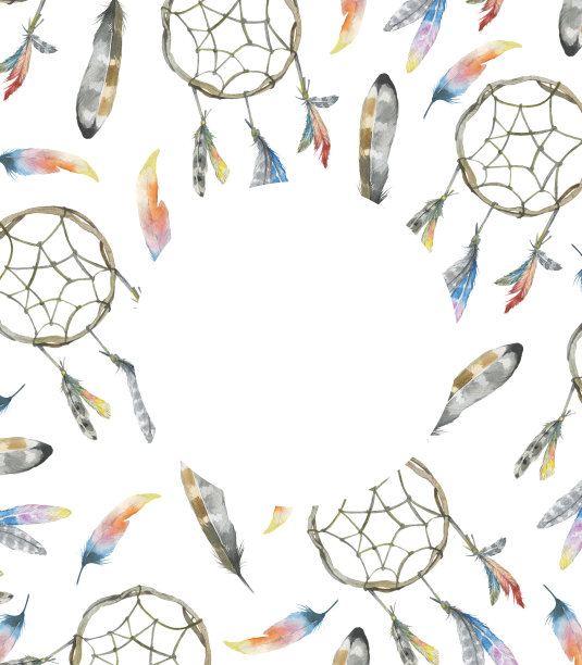 带有捕梦网和鸟羽毛的卡片素材图片