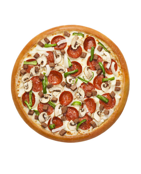 意大利辣香肠披萨与蘑菇孤立在白色背景图片下载