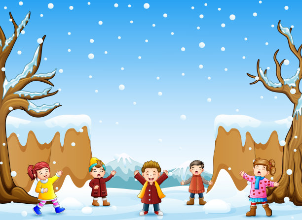 快乐的孩子在雪山中歌唱图片下载