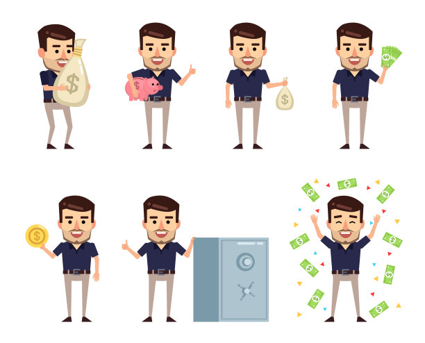 一组时尚的商人角色摆出与钱的姿势图片下载