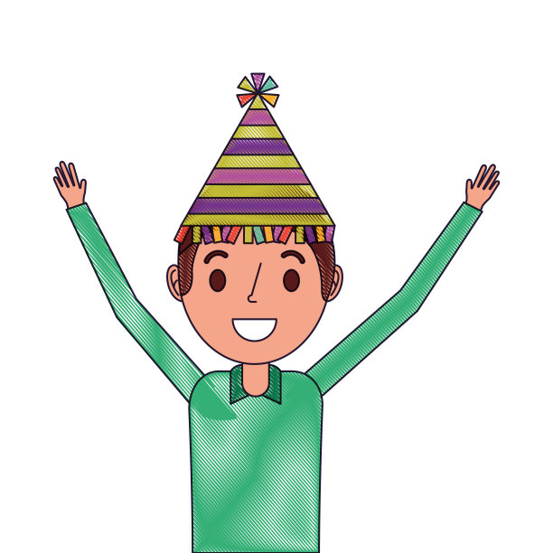 肖像快乐的人戴着派对帽与胳膊向上图片下载