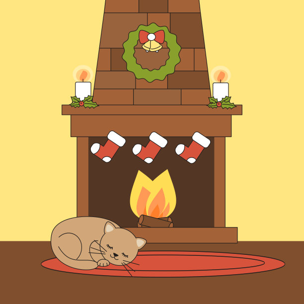 可爱的卡通向量圣诞壁炉与猫躺在椭圆形红地毯上睡觉图片下载