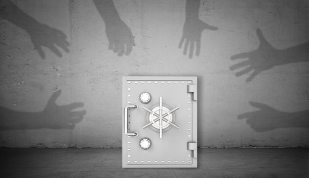 一个封闭的复古保险箱的3d渲染站在混凝土背景与许多影子手臂指向和抓住它图片下载