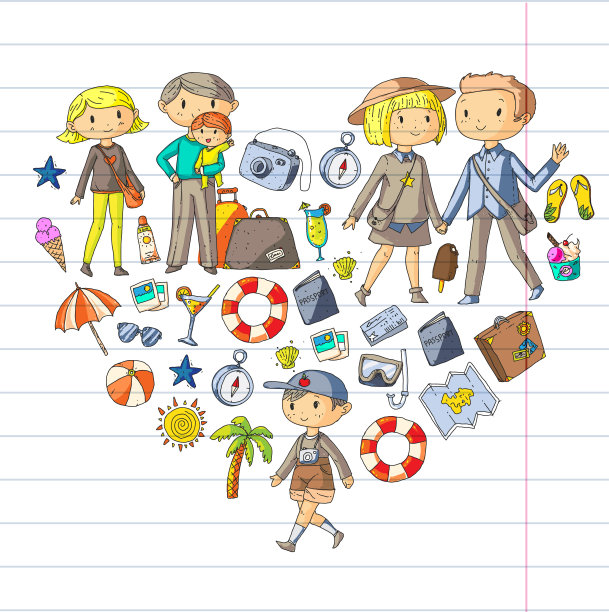 家人带着孩子旅行母亲，父亲，姐妹，兄弟。男孩和女孩。幼儿园,幼儿园的孩子。学校的孩子们。探险、探险和家庭度假或度假海滩、潜水图片下载