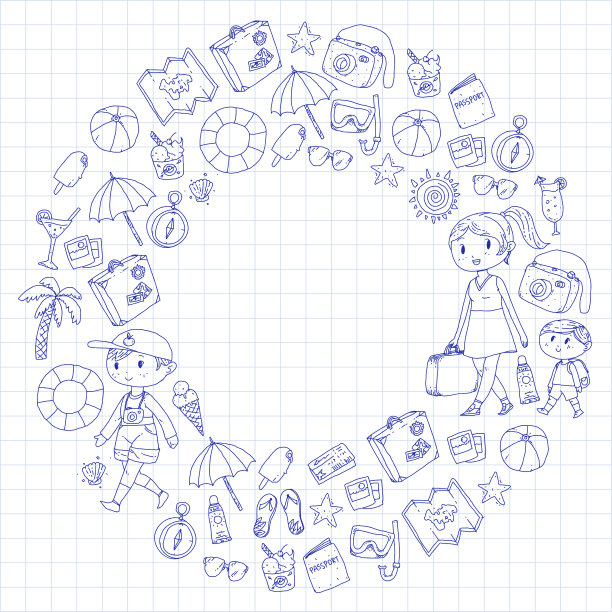 家人带着孩子旅行母亲，父亲，姐妹，兄弟。男孩和女孩。幼儿园,幼儿园的孩子。学校的孩子们。探险、探险和家庭度假或度假海滩、潜水图片下载