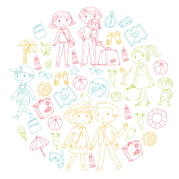 家人带着孩子旅行母亲，父亲，姐妹，兄弟。男孩和女孩。幼儿园,幼儿园的孩子。学校的孩子们。探险、探险和家庭度假或度假海滩、潜水图片下载