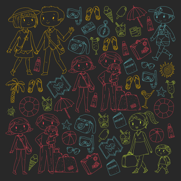 家人带着孩子旅行母亲，父亲，姐妹，兄弟。男孩和女孩。幼儿园,幼儿园的孩子。学校的孩子们。探险、探险和家庭度假或度假海滩、潜水图片下载