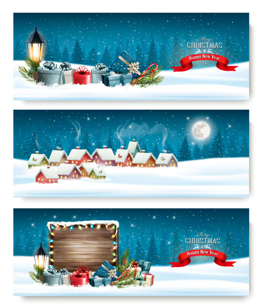 三个节日圣诞横幅，上面画着一个冬季村庄和风景。图片下载