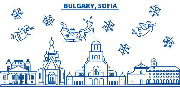 保加利亚，索非亚冬季城市天际线。圣诞快乐，新年快乐横幅上装饰着圣诞老人。冬季贺卡。平,轮廓向量。线形圣诞雪插画图片下载