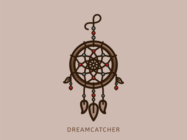 彩色珠子捕梦网。矢量图标。传统，波西米亚风格，神秘的象征。图标为服装，制造，壁纸，印刷品，礼品包装和剪贴簿。矢量插图孤立的米色背景。图片下载